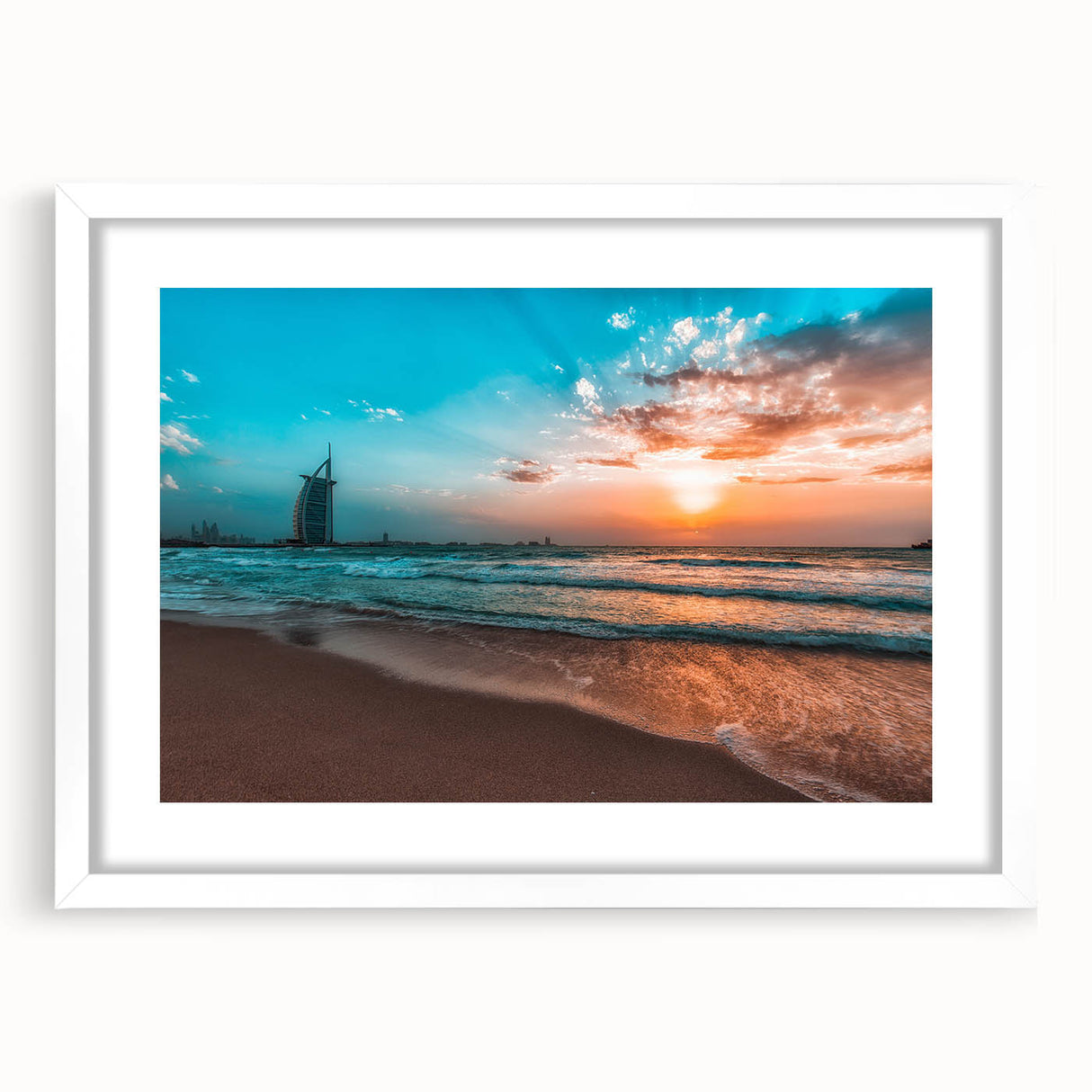 Abstract art print of Abu Dhabi skyline in muted blue tones, framed with a white mat, suitable for dining room decor.