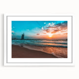 Abstract art print of Abu Dhabi skyline in muted blue tones, framed with a white mat, suitable for dining room decor.