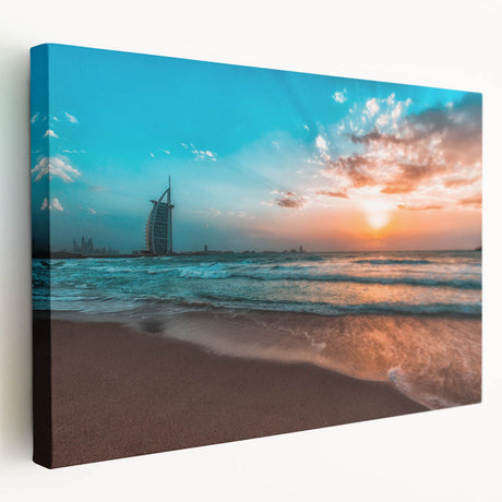 Panoramic Abu Dhabi skyline on a large stretched canvas, in muted earth tones, ideal for kitchen wall art.