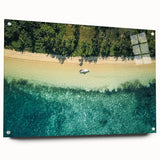 Large abstract wall art of a serene Fiji beach scene in muted blue and green tones, acrylic glass.
