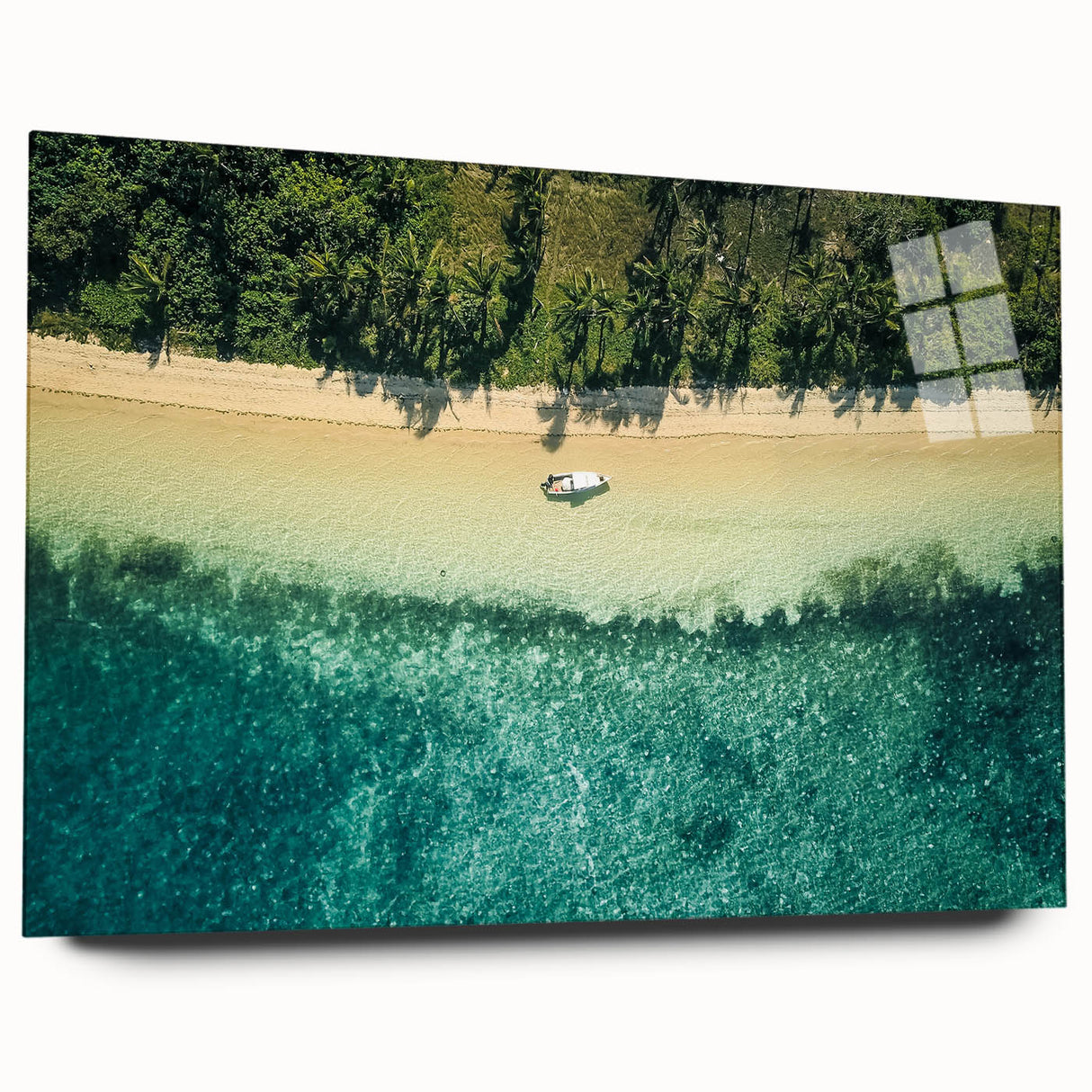Large abstract wall art featuring a serene Oceania Fiji scenery in muted blue and green tones on acrylic glass.