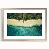 Textured abstract art print depicting a serene oceanic scene in cool blue and gray tones on a framed silver mat.