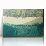 Large art print of a serene Oceania Fiji landscape in muted blue and green hues, framed in gold acrylic.