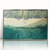 Mid-century modernist art depicting a serene Fiji beach scene in muted blue and sandy tones, framed acrylic.