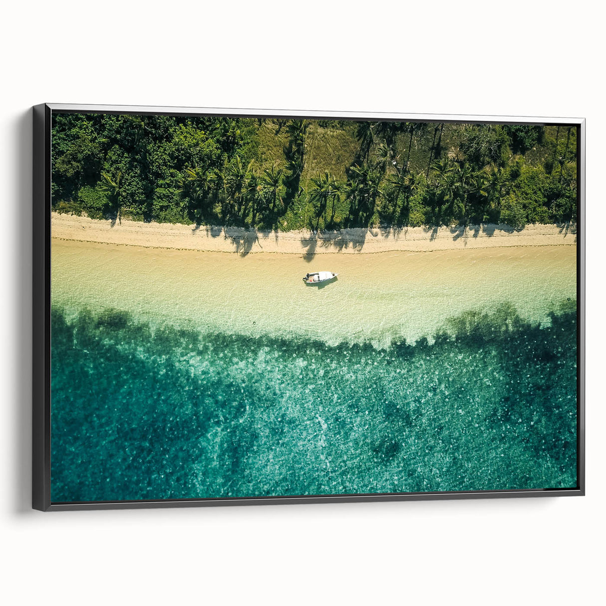 Black and white framed canvas of a vintage Fiji landscape, ideal for bedroom wall art.