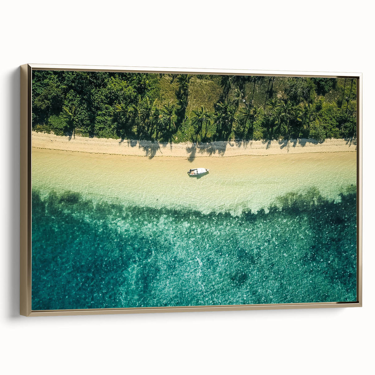 Framed canvas featuring a vintage-style landscape painting of Oceania, Fiji with muted gold and black tones.