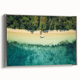 Framed canvas landscape art painting depicting a serene Fiji beach scene in colorful hues.