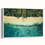 Vintage poster art of a scenic Oceania Fiji view in a white-framed canvas, featuring vibrant blue and green tones.