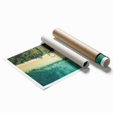 Extra large rolled print of a serene Fiji ocean landscape with floral accents in soft blue and green tones.