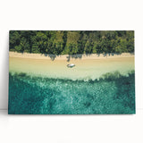 Black and white photograph of a serene Fiji beach scene on a large stretched canvas.