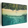 Side view of a stretched canvas featuring a serene Fiji beach scene in soft blue and white tones.