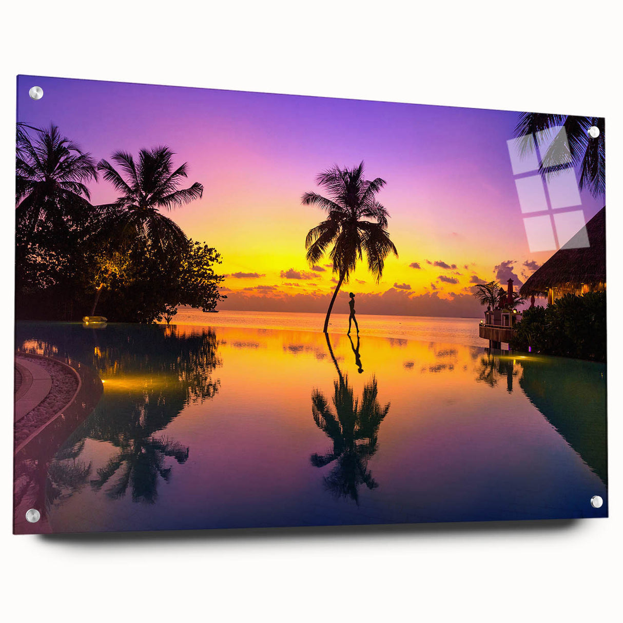 Acrylic print of a serene Bora Bora seascape with vivid blues and greens, ideal for bedroom or dining room decor.