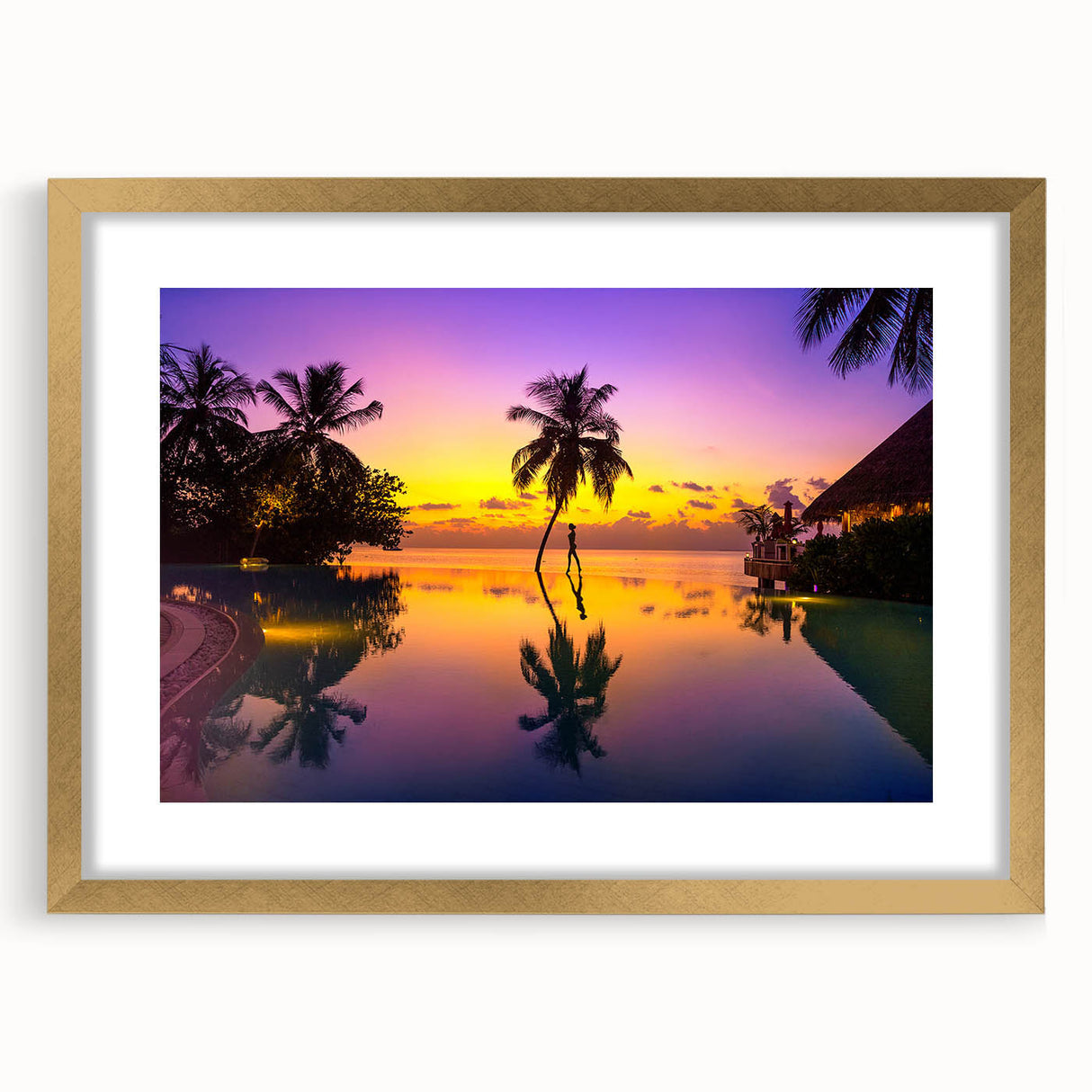 Extra large abstract art print of Bora Bora scenery in pastel shades on textured canvas, framed in gold.