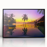 Large abstract wall art depicting the serene Bora Bora landscape in muted blue and green tones, framed in black acrylic.