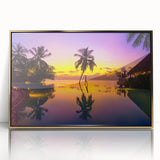 Framed acrylic print of a serene Bora Bora landscape in soft blue and green tones, ideal for modern art wall decor.