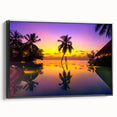 Black and white framed canvas of Bora Bora landscape, ideal for bedroom wall art.