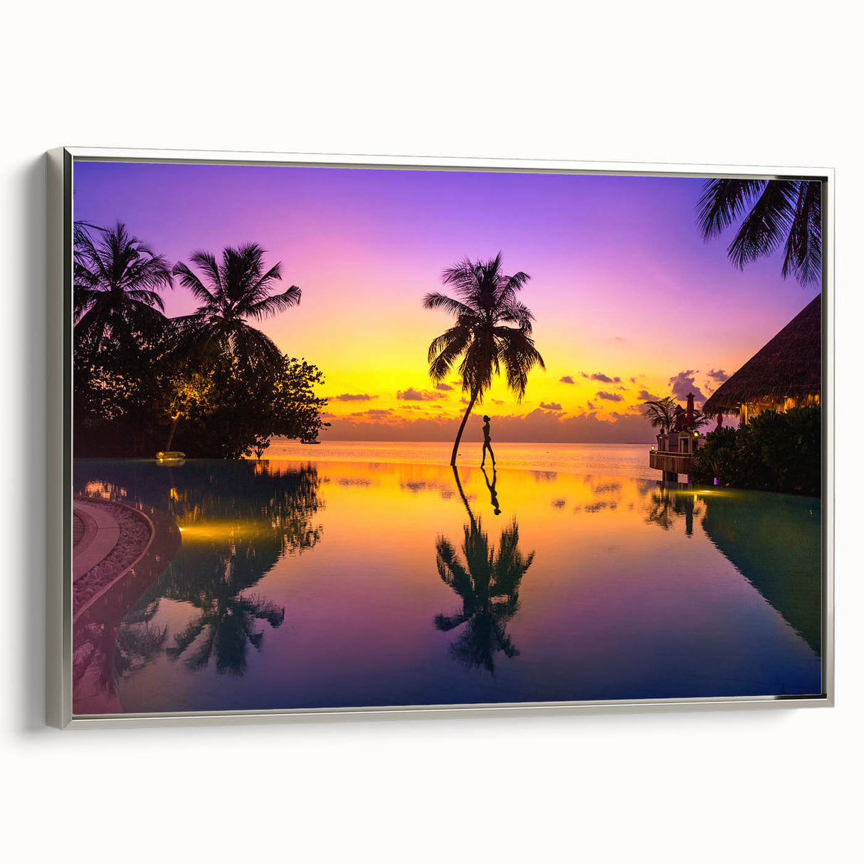 Framed canvas of a vintage-style landscape painting depicting the vibrant blue waters and lush greenery of Bora Bora.