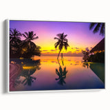 Vintage poster art of French Polynesia with vibrant colors on a framed canvas, ideal for living room decor.