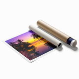 Rolled print of Bora Bora scenery with lush greenery and ocean, in blue and green tones, ideal for classy bathroom wall art.