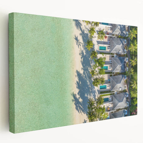 Scenic view of French Polynesia in Tahiti on a large stretched canvas, featuring vibrant blue and green tones.