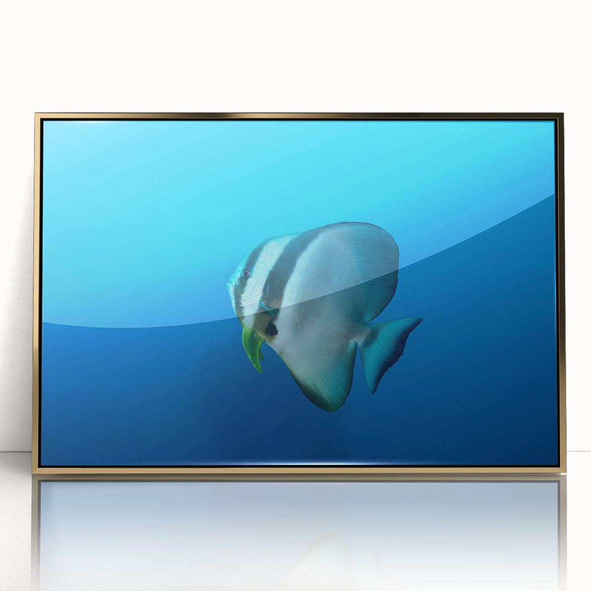 Framed acrylic print of a mid-century modernist oceanic scene in muted blue and gold tones, ideal for nursery wall art.