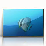 Framed acrylic print of a mid-century modernist oceanic scene in muted blue and gold tones, ideal for nursery wall art.