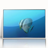 Art deco poster of Oceania scenery in muted blue tones, framed in white acrylic, ideal for modern nursery wall art.