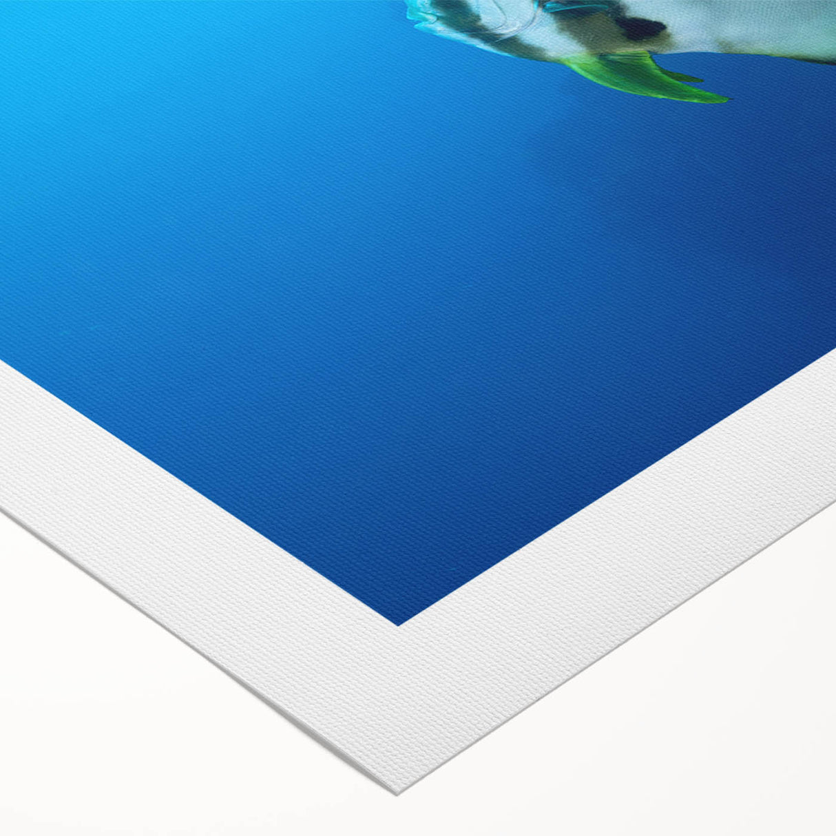 Art deco poster of a Micronesian oceanscape on rolled canvas, featuring serene blue and white tones.