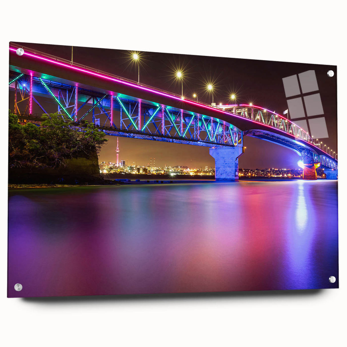 Acrylic print of Auckland skyline in muted blue tones, ideal for dining room art.