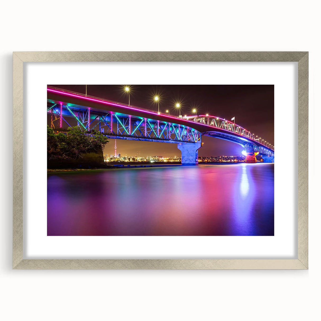 Textured abstract art print of Auckland skyline in muted blues and grays on a framed canvas, suitable for bedroom art.