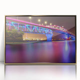 Mid-century modernist art depicting the Auckland skyline in muted blue and gold tones on a framed acrylic print.