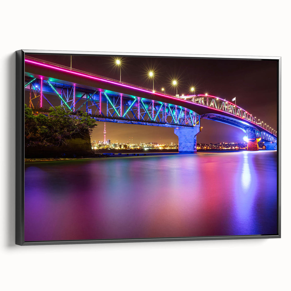 Black and white landscape art painting of Auckland, framed canvas, ideal for bedroom wall decor.