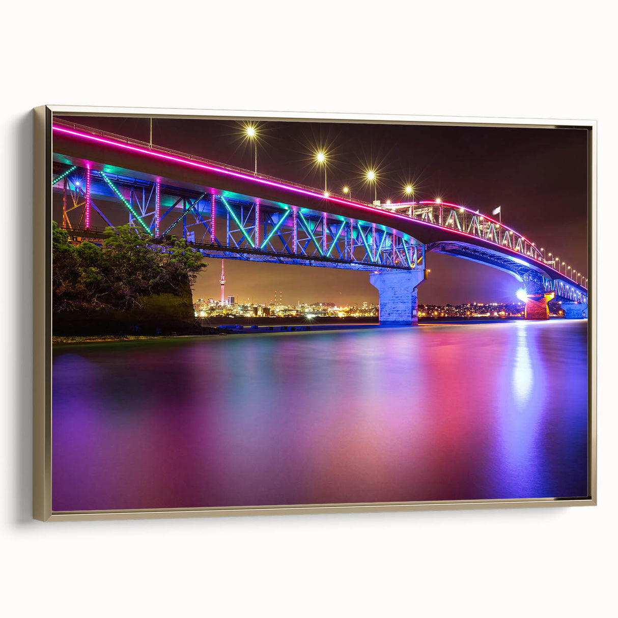 Framed canvas depicting a vintage-style landscape painting of Auckland, utilizing muted gold and black tones.