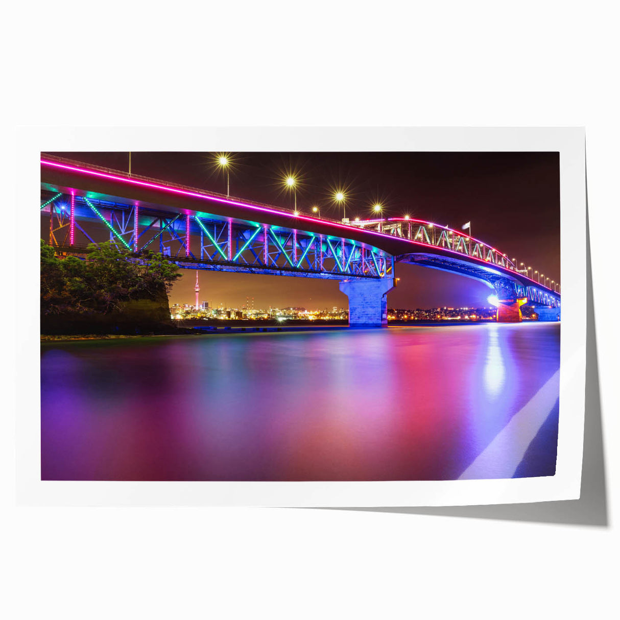 Rolled print of Auckland skyline with muted green and blue tones, ideal for art wall dining room.