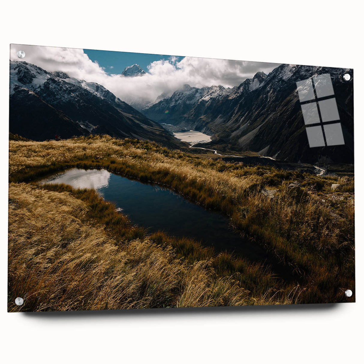 Acrylic print of a large abstract depiction of Canterbury, New Zealand, in muted blue and green tones.