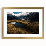 Extra large abstract art print of a Canterbury, New Zealand scenery in gold frame, suited for living room decor.