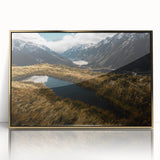 Large abstract wall art depicting the Canterbury, New Zealand scenery in mid-century modernist style, framed in gold acrylic.