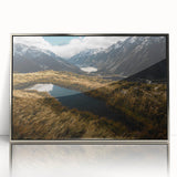 Mid-century modernist art of New Zealand's Canterbury region in silver-framed acrylic, featuring subdued earth tones.