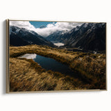 Framed canvas of a vintage-style landscape painting featuring Canterbury, New Zealand in muted earth tones.