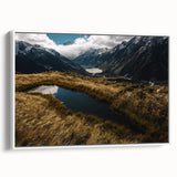 Vintage poster art of Canterbury, New Zealand landscape on framed canvas, featuring colorful art with black accents.