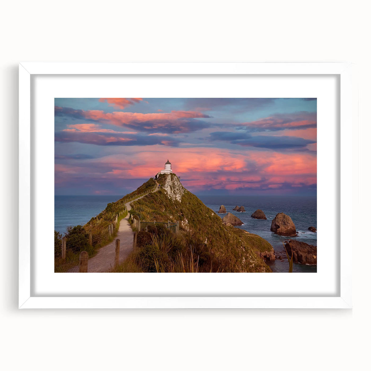 Abstract art print of Otago, New Zealand scenery in muted earth tones, framed with a white mat, ideal for dining room decor.