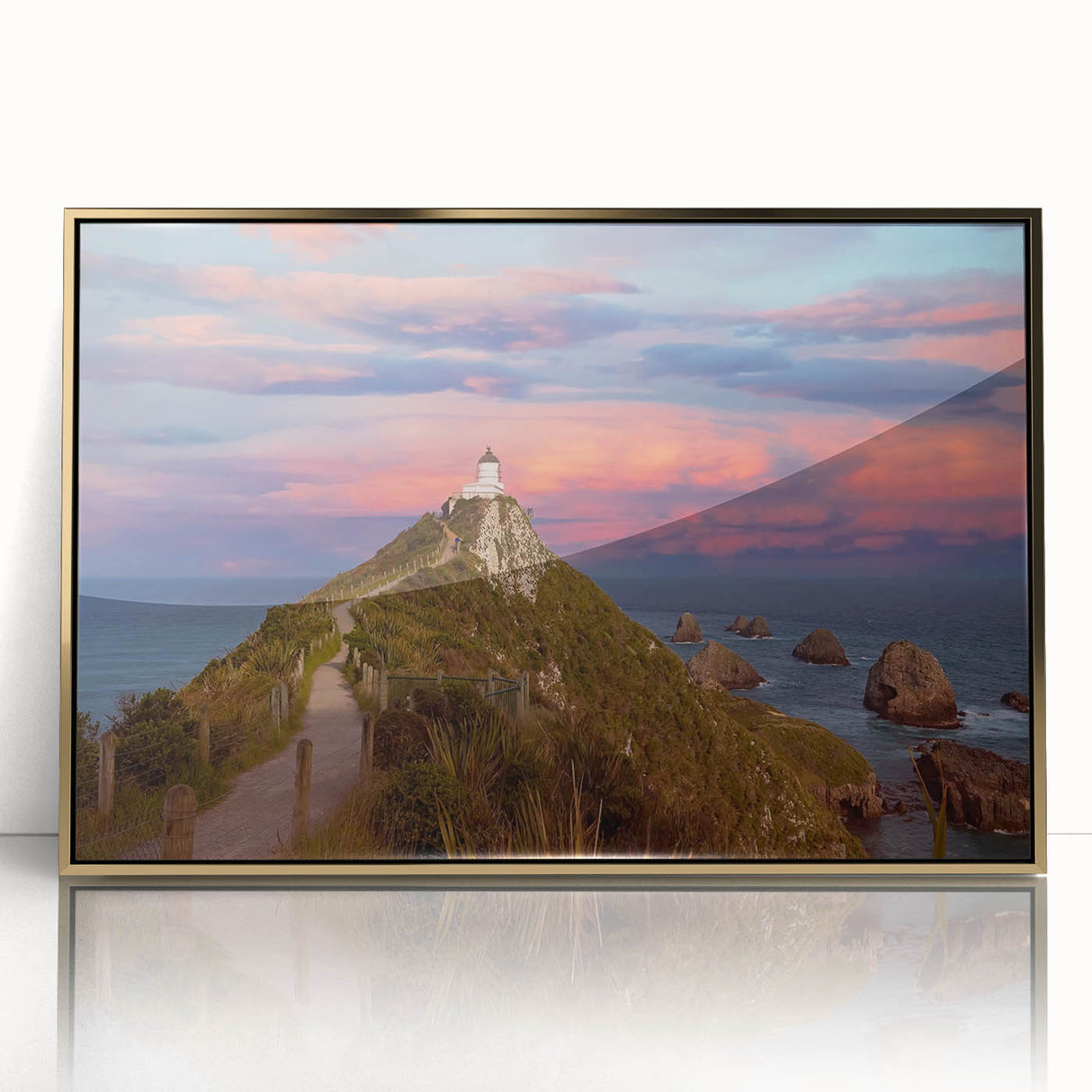 Mid-century modernist acrylic print of Otago, New Zealand landscape in gold frame, ideal for modern art wall decor.