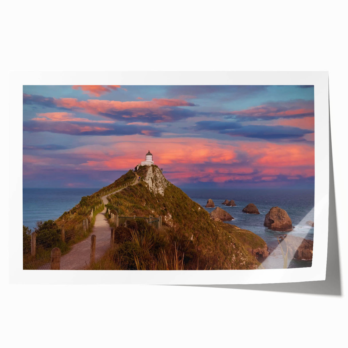 Extra large rolled canvas print featuring a serene Otago, New Zealand landscape in muted green and blue tones.