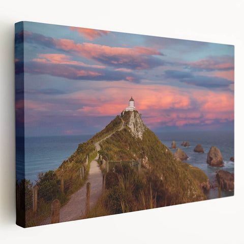 Large art print of Otago, New Zealand scenery on stretched canvas with vibrant green and blue tones.