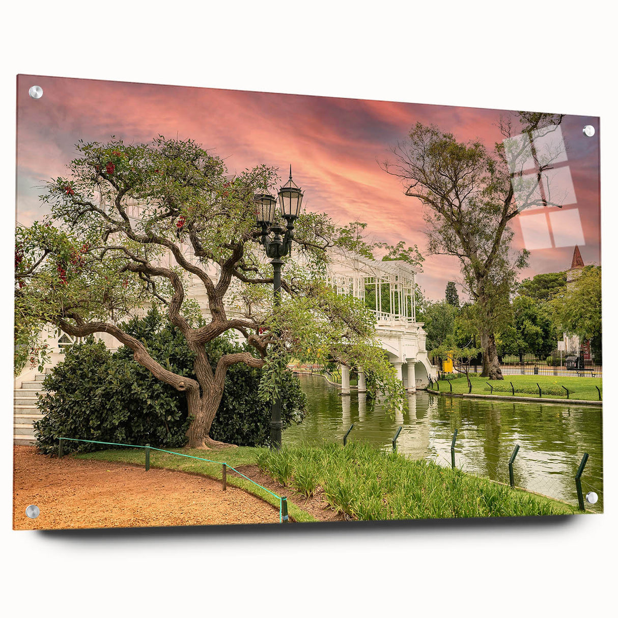 Large abstract wall art depicting a Buenos Aires cityscape in muted gray and blue tones on acrylic glass.
