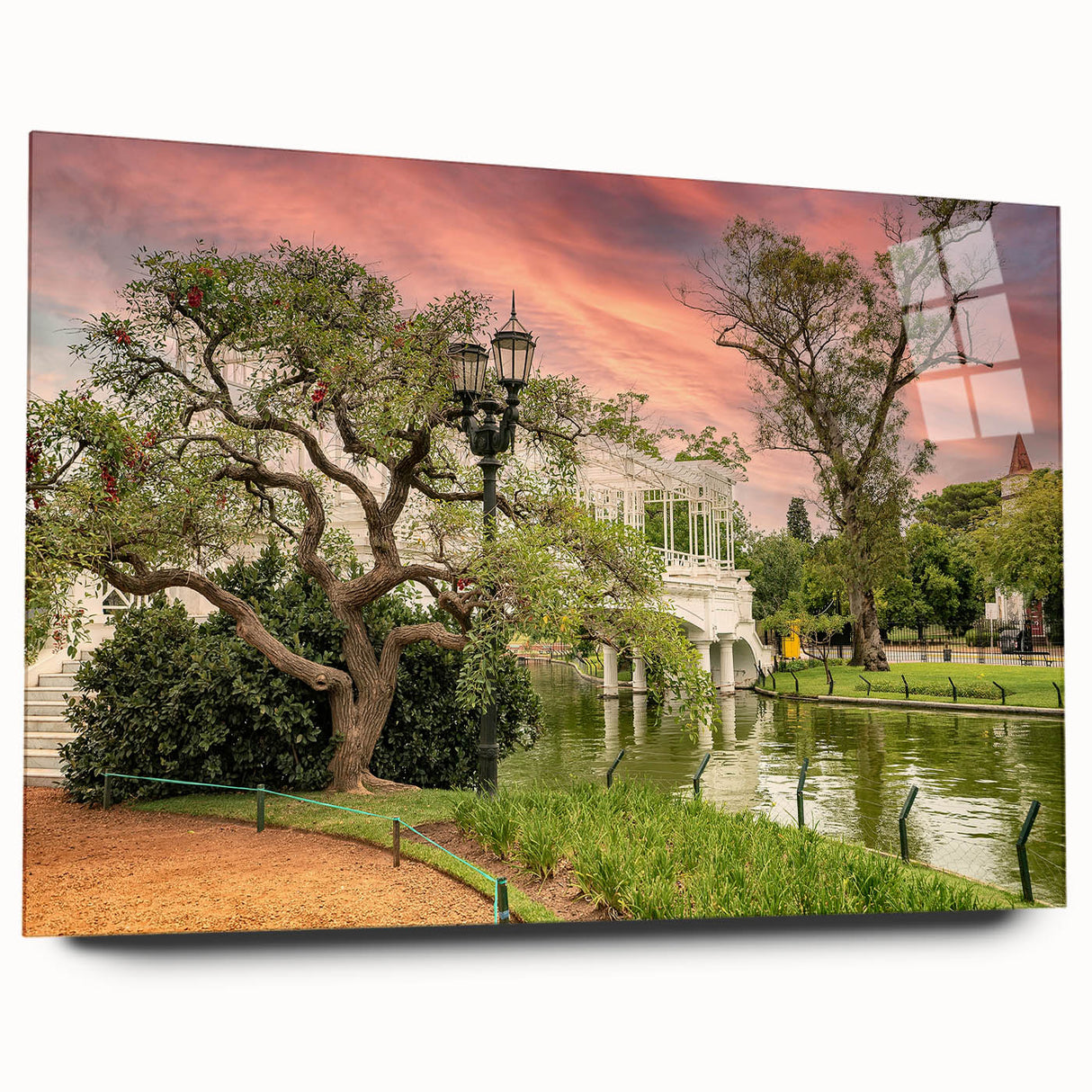 Large abstract wall art of Buenos Aires skyline in muted blues and greens on acrylic glass.