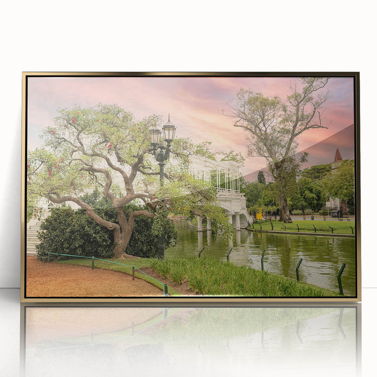 Acrylic print of Buenos Aires cityscape in gold frame, featuring muted earth tones, ideal for modern art wall decor.