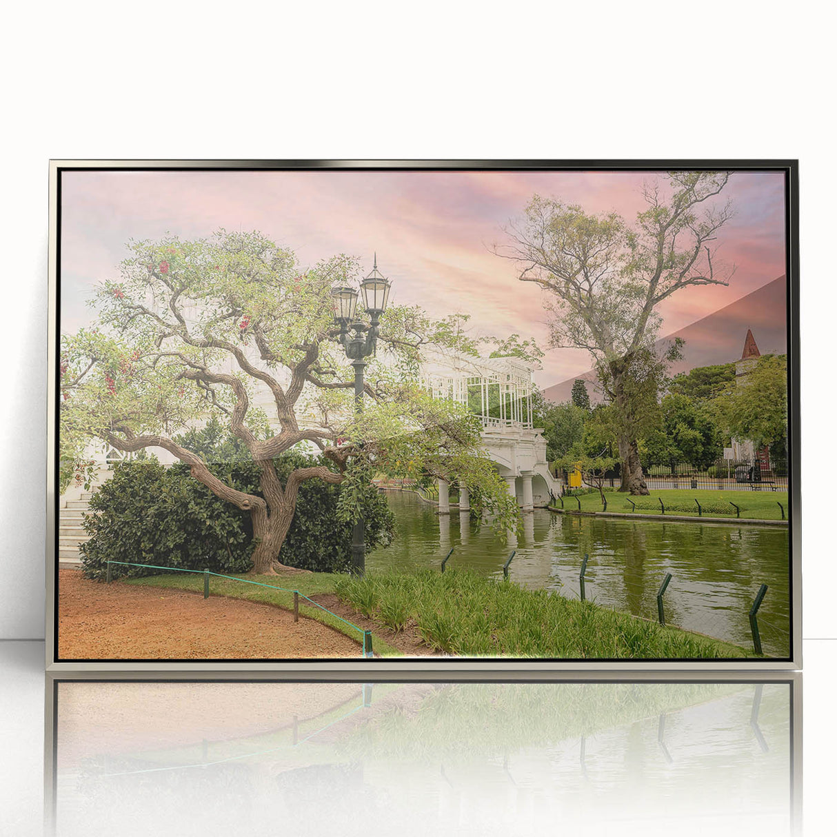 Mid-century modernist art depicting Buenos Aires skyline in acrylic, framed in silver, ideal for nursery wall decor.