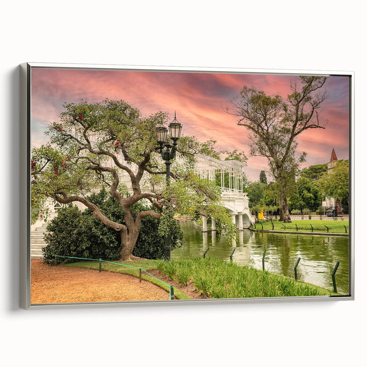 Landscape art painting of Buenos Aires with colorful details on a black background, framed canvas.