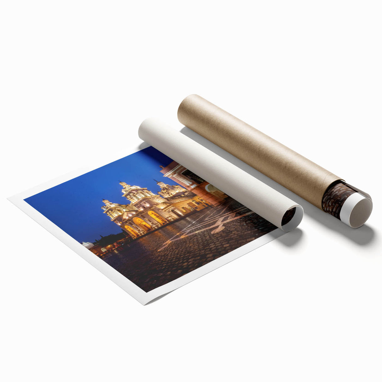 Extra large rolled print of a serene Argentine landscape with soft floral elements in muted greens and blues.